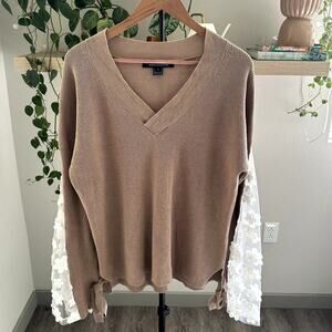 French Collection Taupe Sweater Lace Floral Sleeve Women’s L Cottagecore Boho